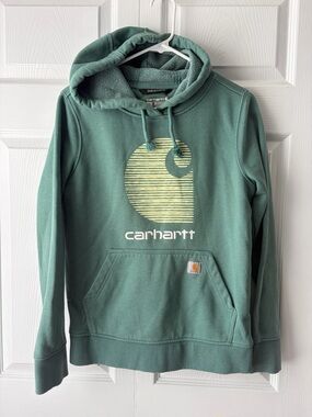 Carhartt Men's Teal Green Crewneck Hoodie with Yellow Graphic